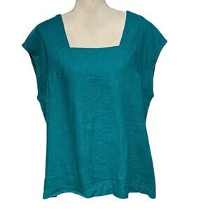 Flax Size L Linen Top Shirt Square Neck Jewel Tone Teal